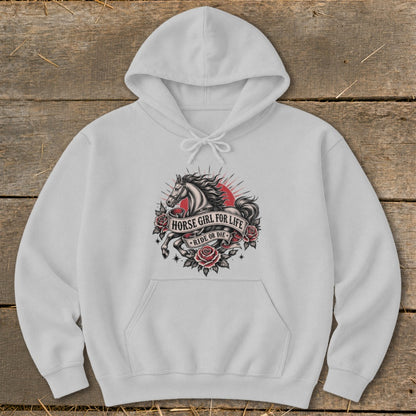White hoodie with a tattoo-style graphic of a horse, roses, and text.