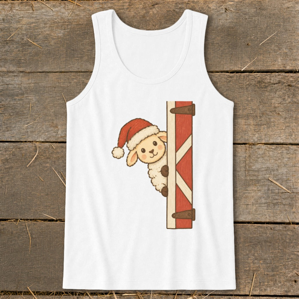 White tank top with a cartoon sheep wearing a Santa hat peeking from behind a barn door.