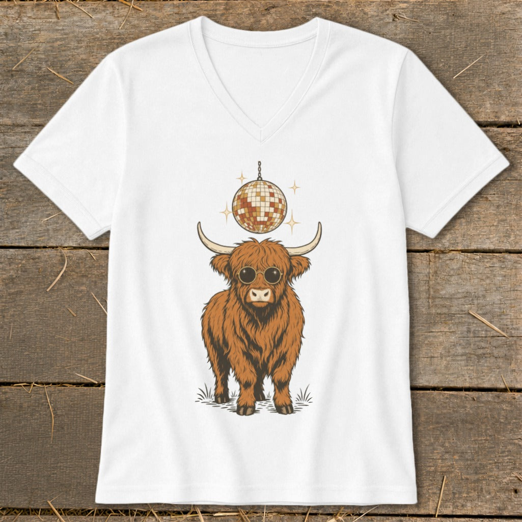 White v-neck t-shirt with a shaggy Highland cow wearing sunglasses and a disco ball.