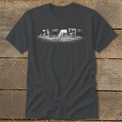 Dark grey t-shirt with a row of five cows grazing in a field.