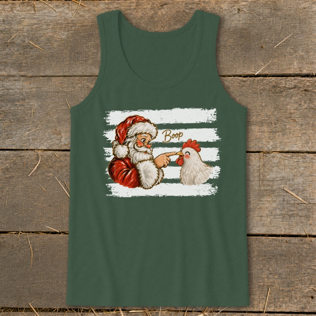 Santa booping a chicken with the word "Boop" on a dark green tank top.