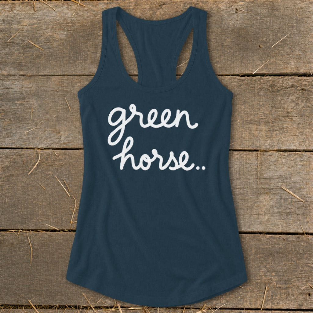 Dark blue racerback tank top with white cursive text reading "green horse..".
