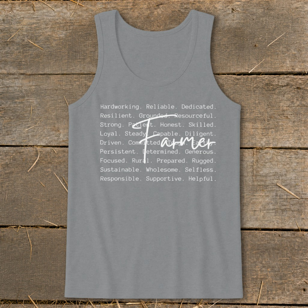 Gray tank top with white text listing farmer traits and the word "Farmer".
