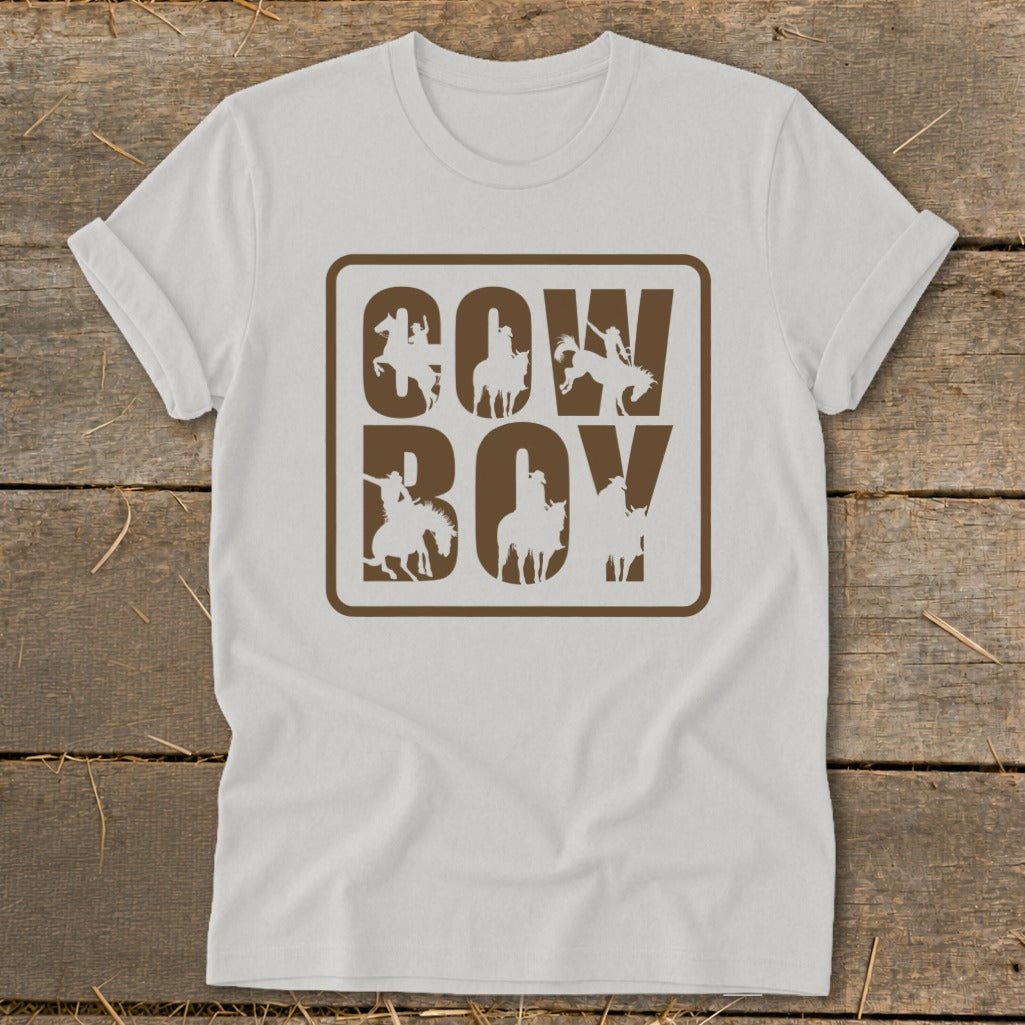 White t-shirt with brown "COW BOY" text and cowboy silhouettes.