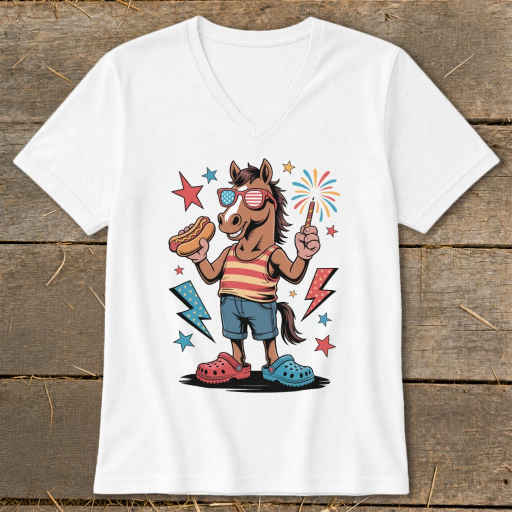 Horse in sunglasses holding hot dog and sparkler with fireworks and stars.
