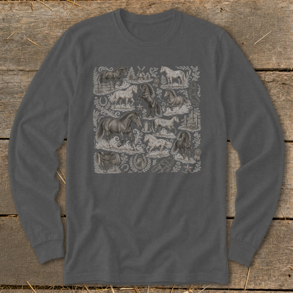 Long sleeve shirt with a repeating pattern of horses, windmills, and equestrian gear.