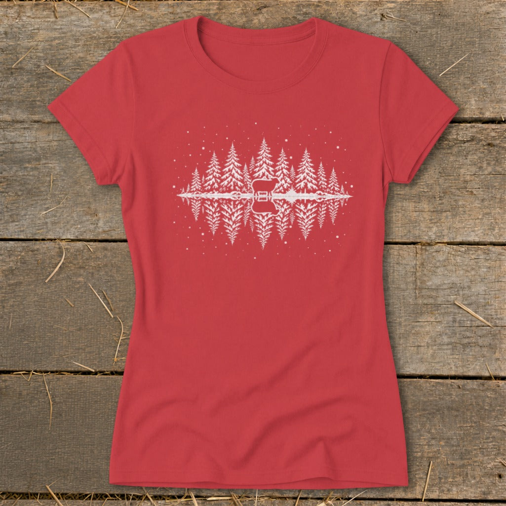 Red t-shirt with white silhouette of a deer in a forest reflected in water.