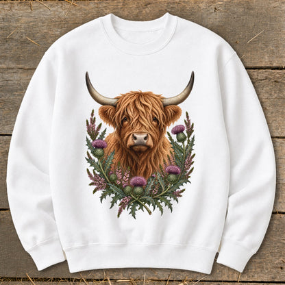 Highland cow illustration with thistles on a white crewneck sweatshirt.
