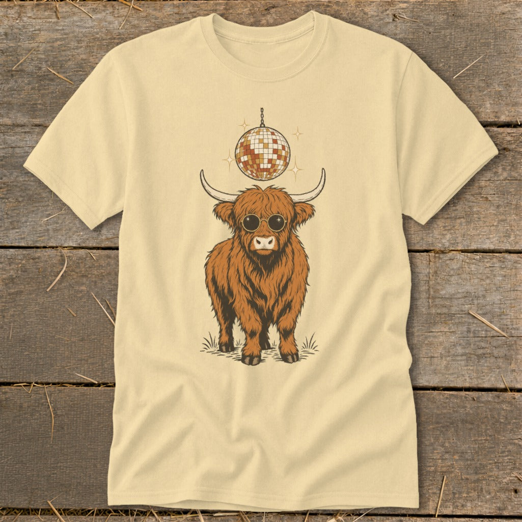 Highland cow wearing sunglasses with a disco ball above it.