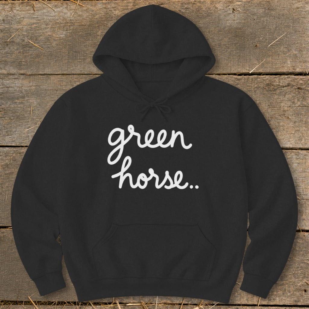 Black hoodie with white cursive text "green horse.."