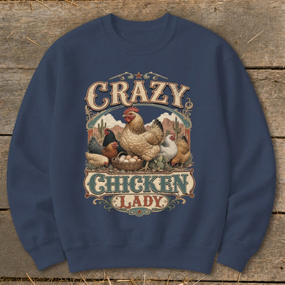 Crewneck sweatshirt with "Crazy Chicken Lady" text and illustration of chickens and eggs.