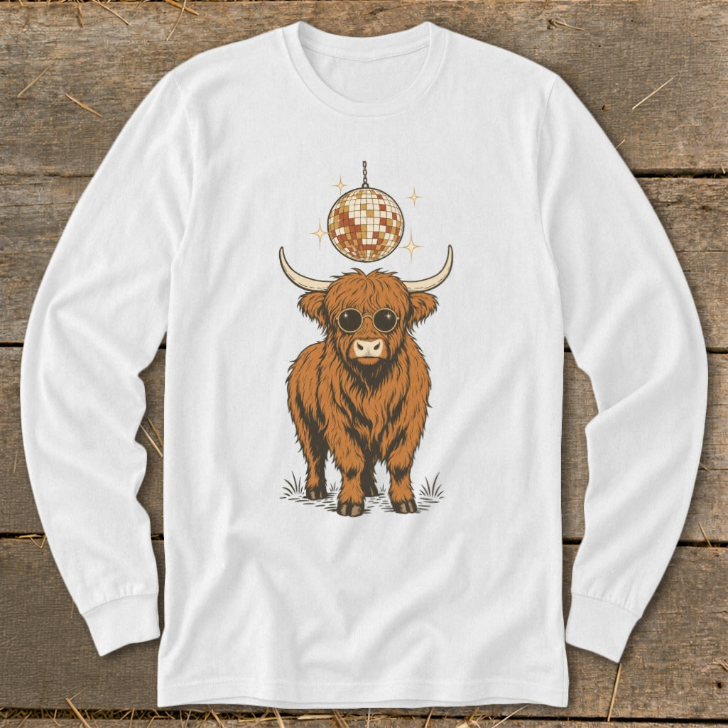 Highland cow wearing sunglasses with disco ball above its head.