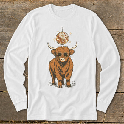 Highland cow wearing sunglasses with disco ball above its head.