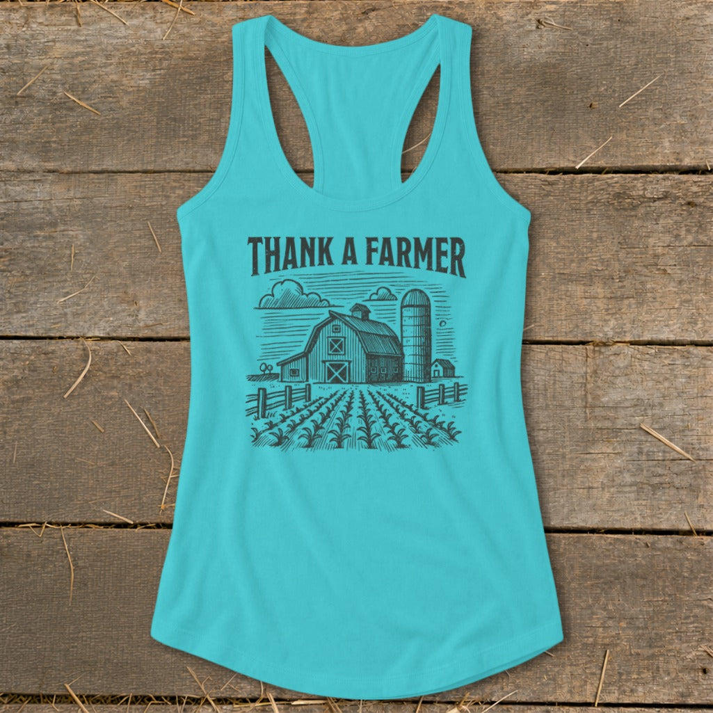 Turquoise tank top with "Thank A Farmer" text and barn graphic.