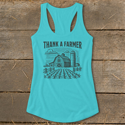 Turquoise tank top with "Thank A Farmer" text and barn graphic.