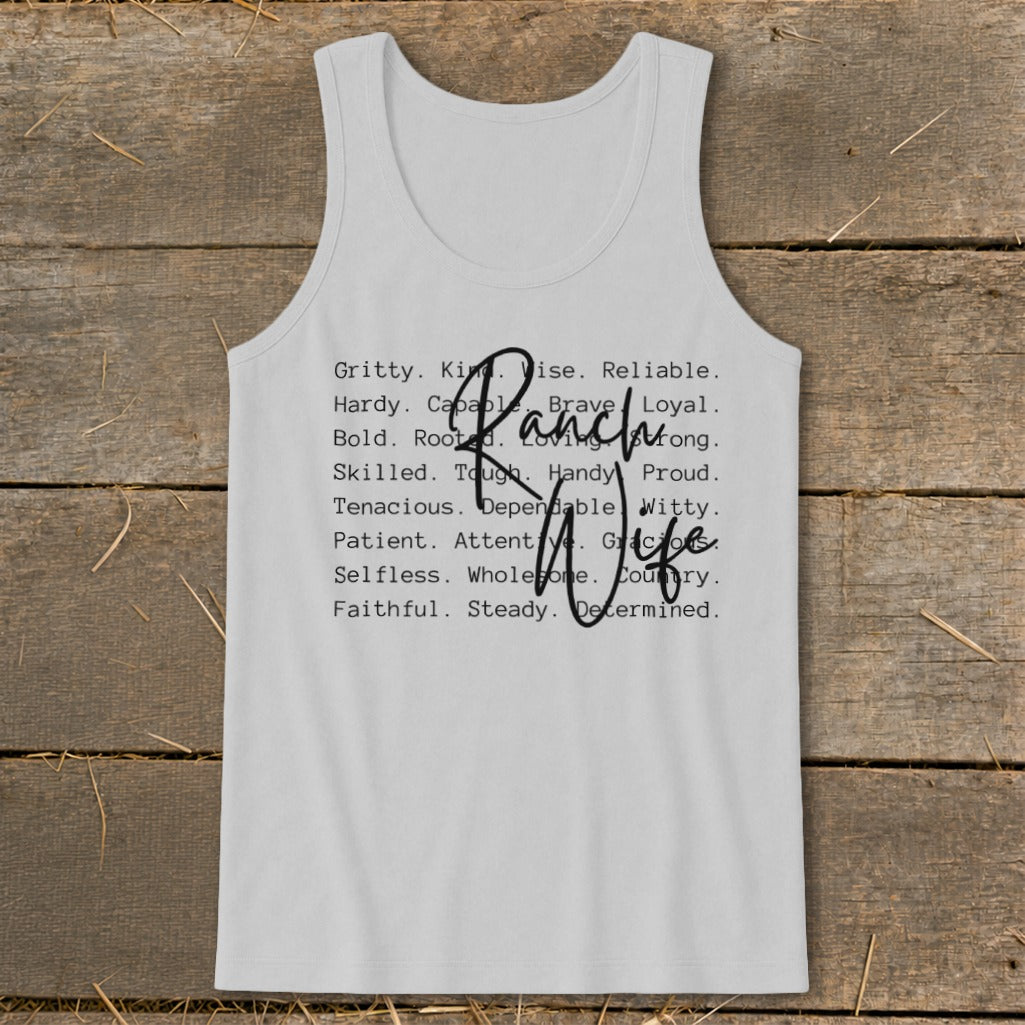 White tank top with "Ranch Wife" and descriptive words printed on it.