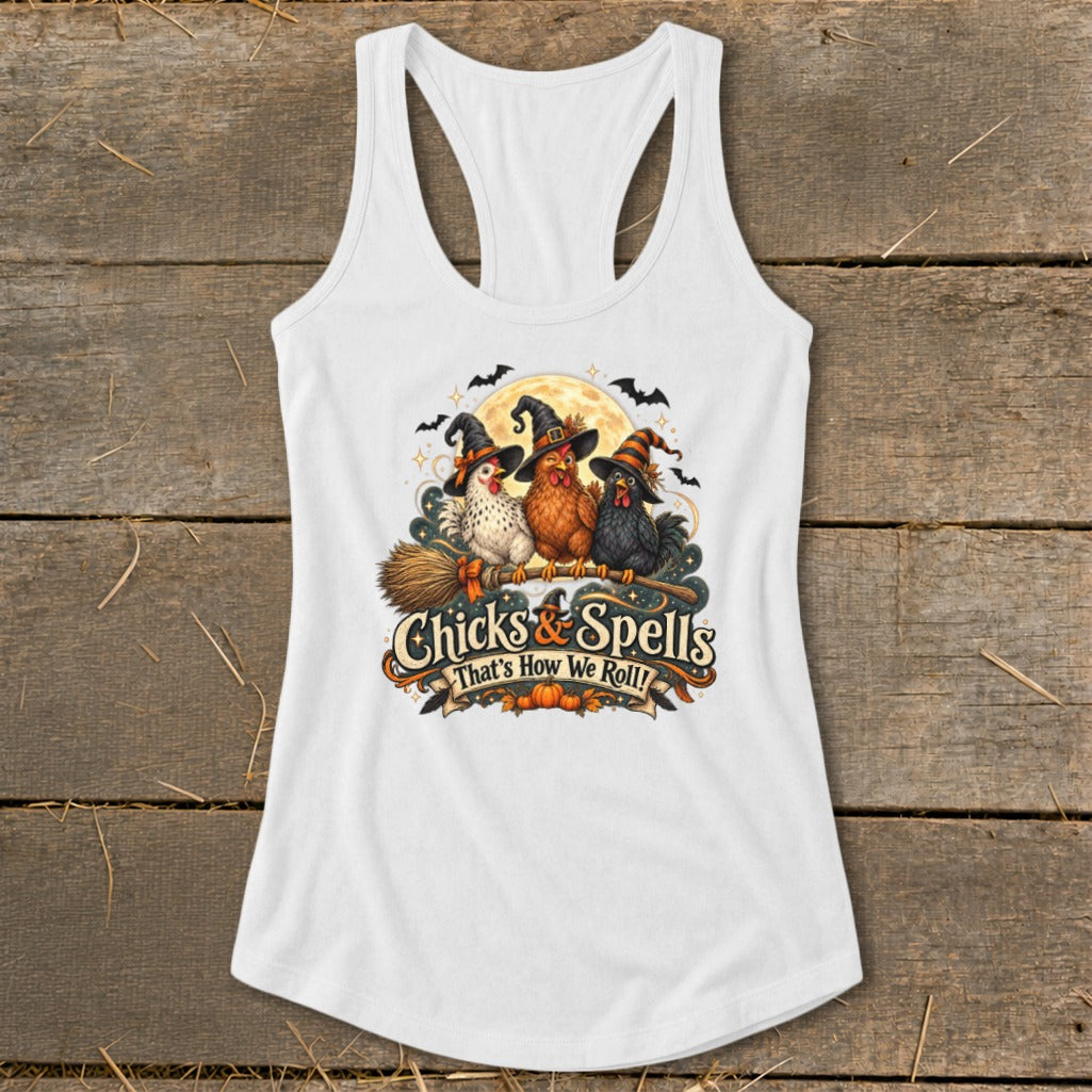 Three witch chickens sit on a broomstick with text "Chicks & Spells That's How We Roll!"
