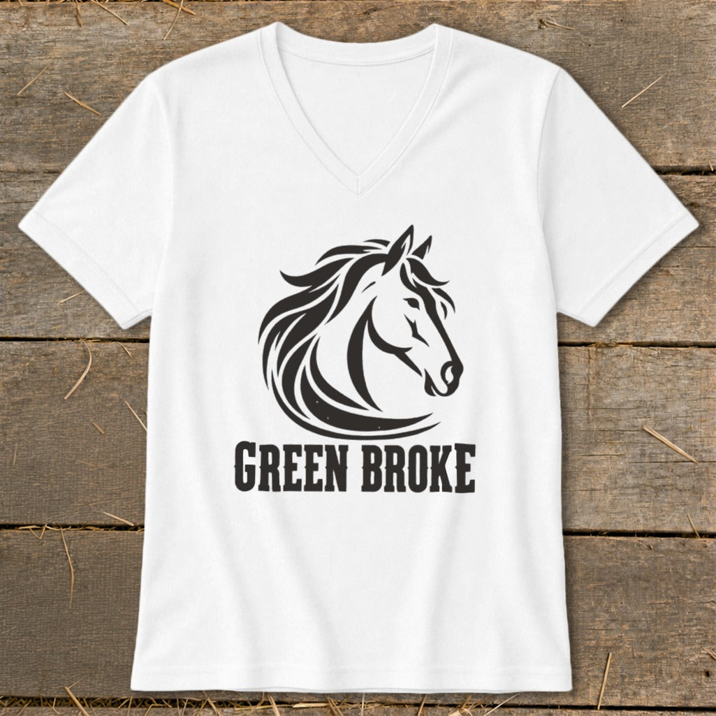 A white V-neck t-shirt featuring a black graphic of a horse head and the text "GREEN BROKE".