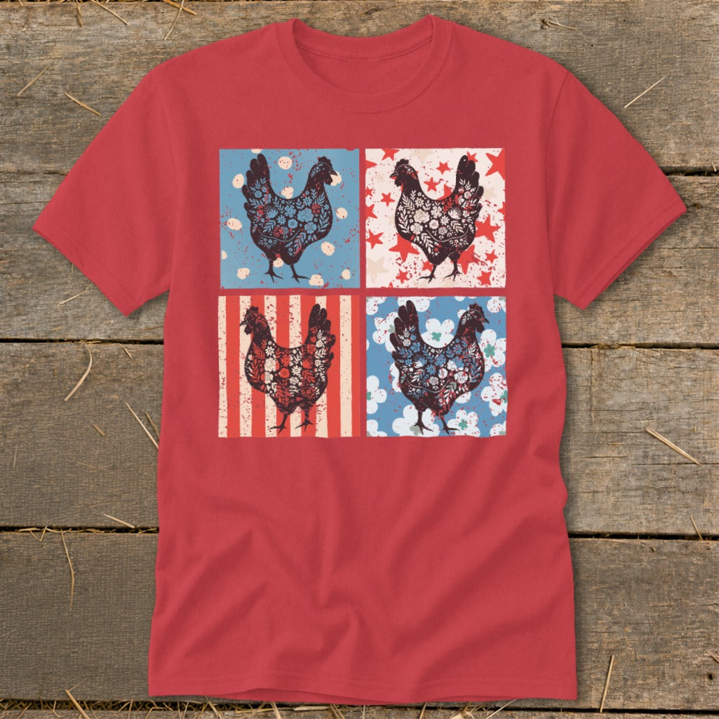 Red t-shirt with four squares featuring chickens in patriotic floral patterns.