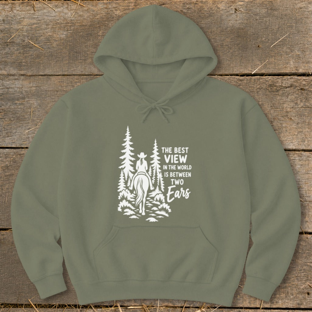 Olive green hoodie featuring a white graphic of a horse rider and trees with text.