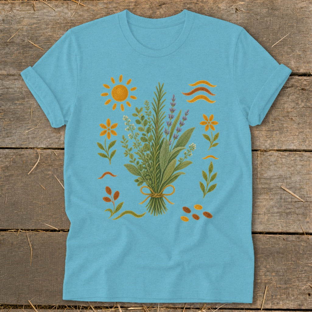 Light blue t-shirt with a central bouquet of herbs and decorative floral elements.