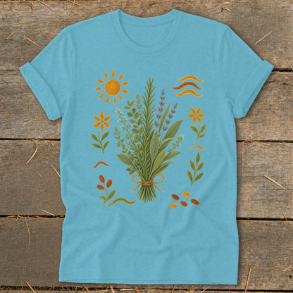 Light blue t-shirt with a central bouquet of herbs and decorative floral elements.