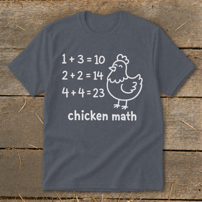 T-shirt with white "chicken math" design, including equations and a chicken graphic.