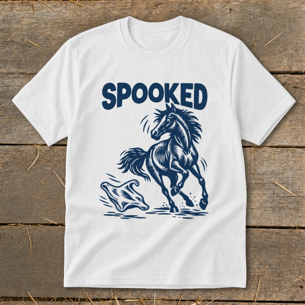 White t-shirt with navy "SPOOKED" text and a startled horse.