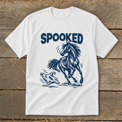 White t-shirt with navy "SPOOKED" text and a startled horse.