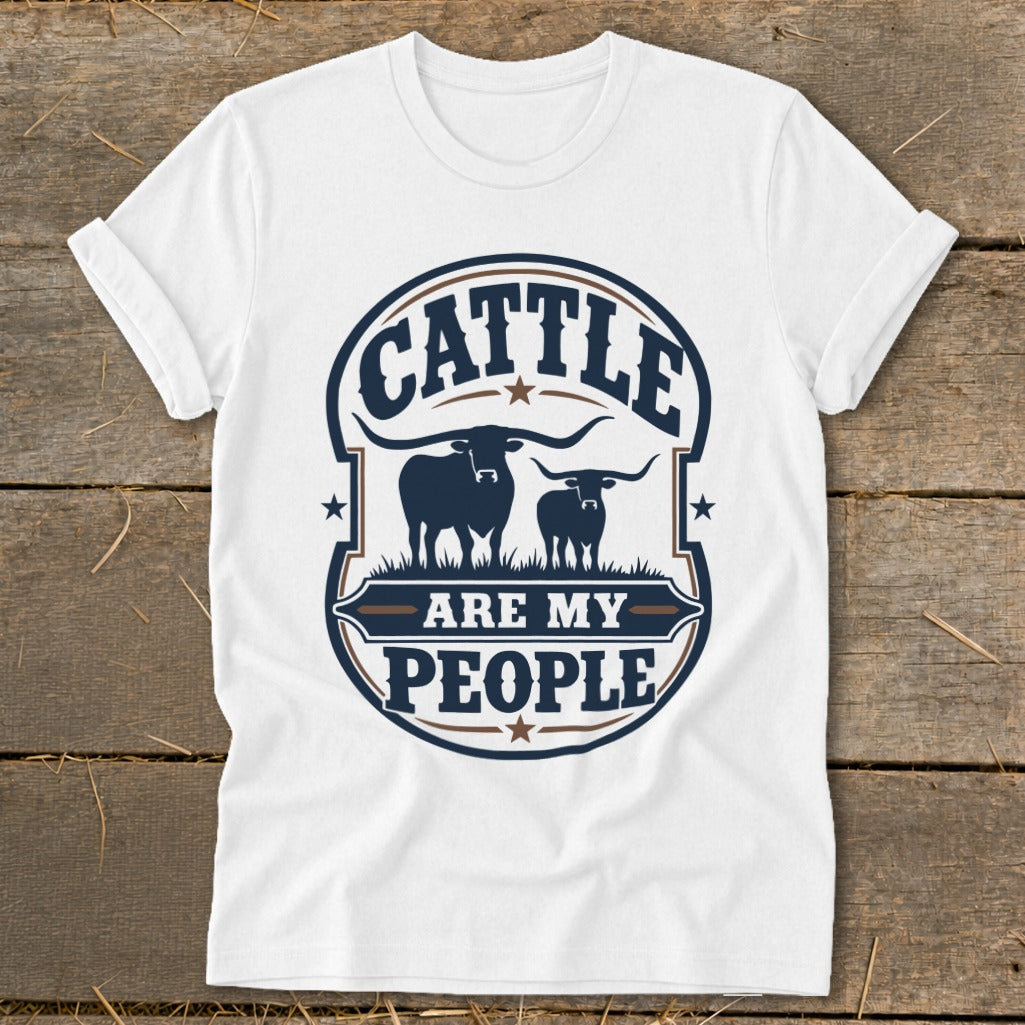 White t-shirt with circular graphic featuring two bulls and text "CATTLE ARE MY PEOPLE".