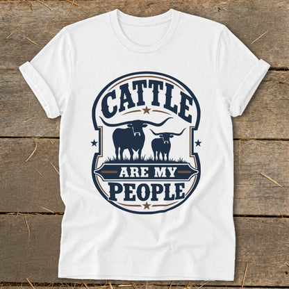 White t-shirt with circular graphic featuring two bulls and text "CATTLE ARE MY PEOPLE".