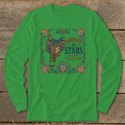 Green long-sleeve shirt with saddle and text: Saddles & Stars Since 1776.