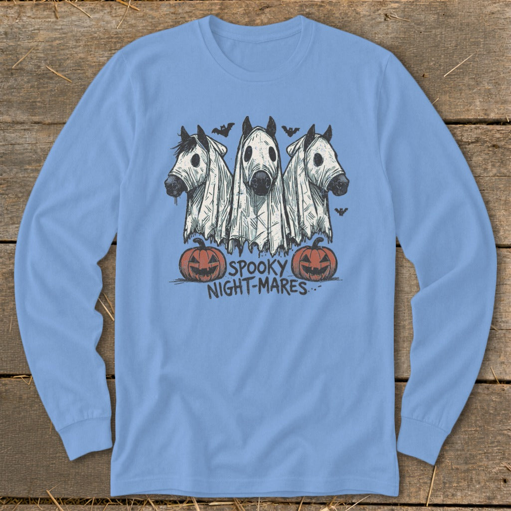 Three horses in ghost costumes with "Spooky Night-Mares" text and pumpkins.