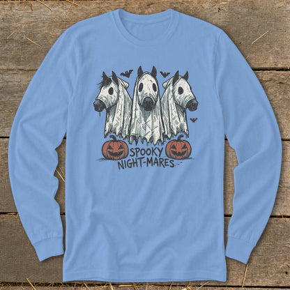 Three horses in ghost costumes with "Spooky Night-Mares" text and pumpkins.
