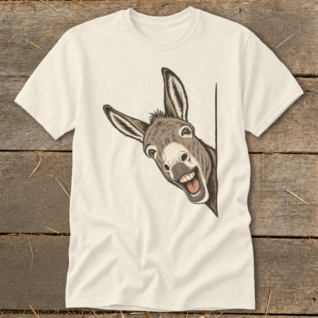 T-shirt with a surprised cartoon donkey peeking from the side.