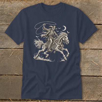 Skeleton cowboy riding a horse with a lasso, under a crescent moon.