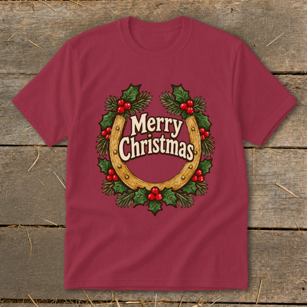 Burgundy t-shirt with a horseshoe wreath and "Merry Christmas" text graphic.