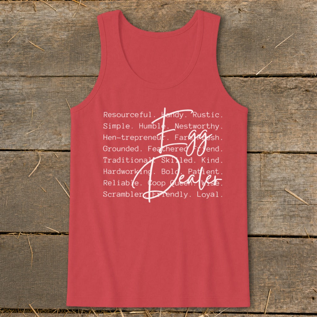 Coral tank top with white text "Egg Dealer" and descriptive words.