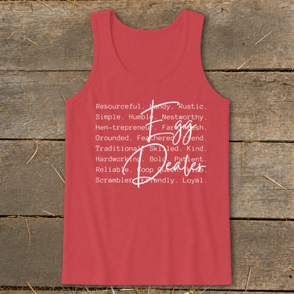 Coral tank top with white text "Egg Dealer" and descriptive words.