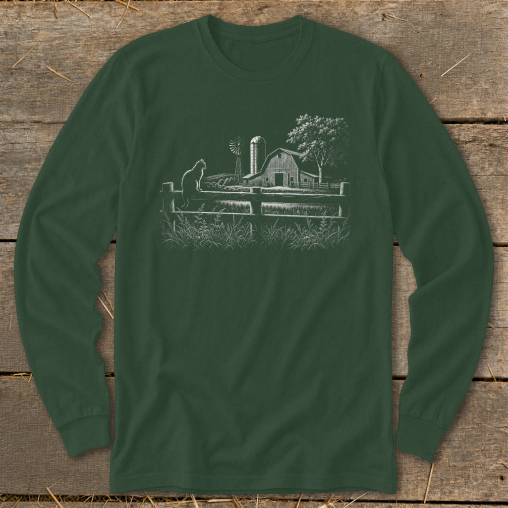 White line art of a cat on a fence, with a barn and windmill on a farm.