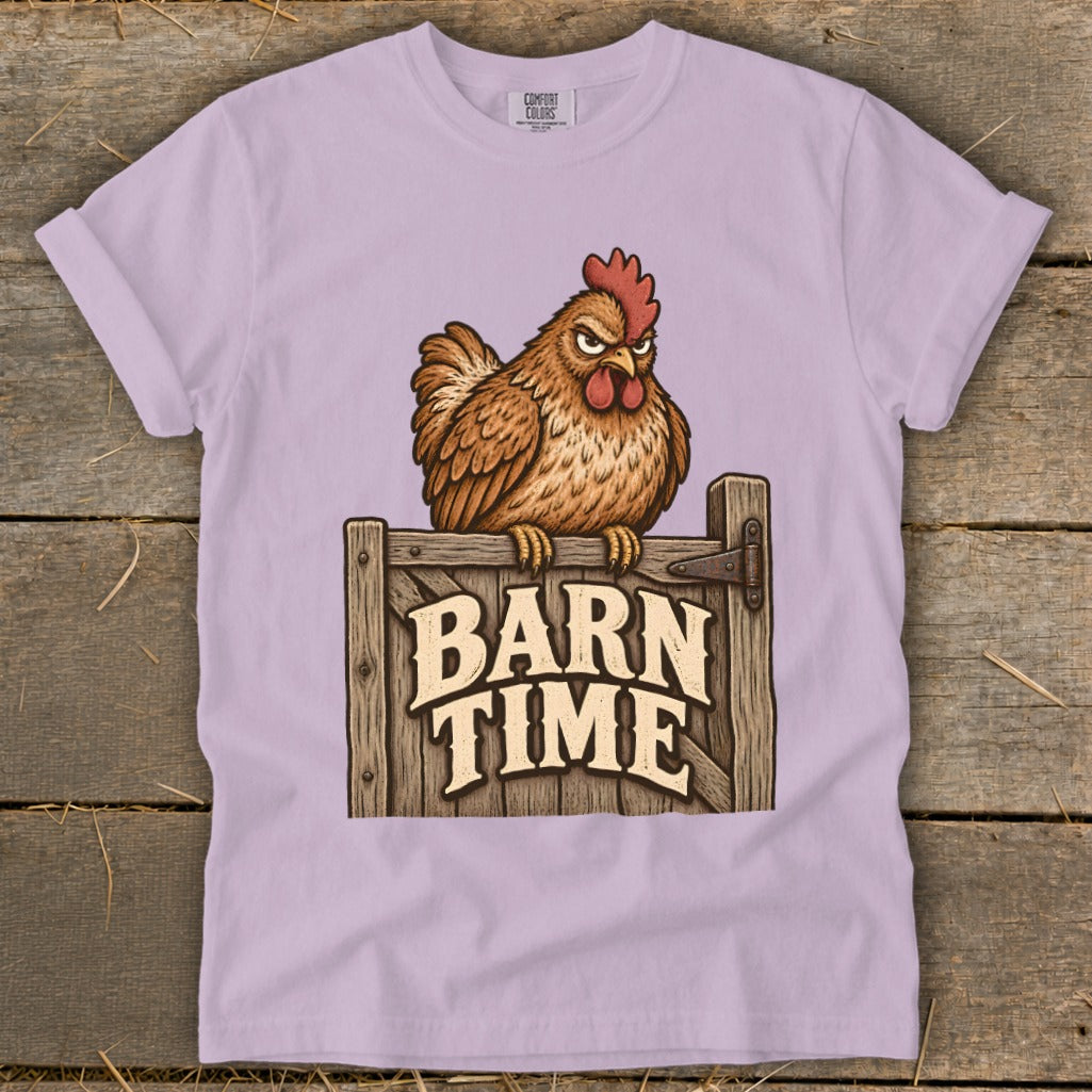 Illustration of a grumpy chicken perched on a wooden fence with "BARN TIME" text.