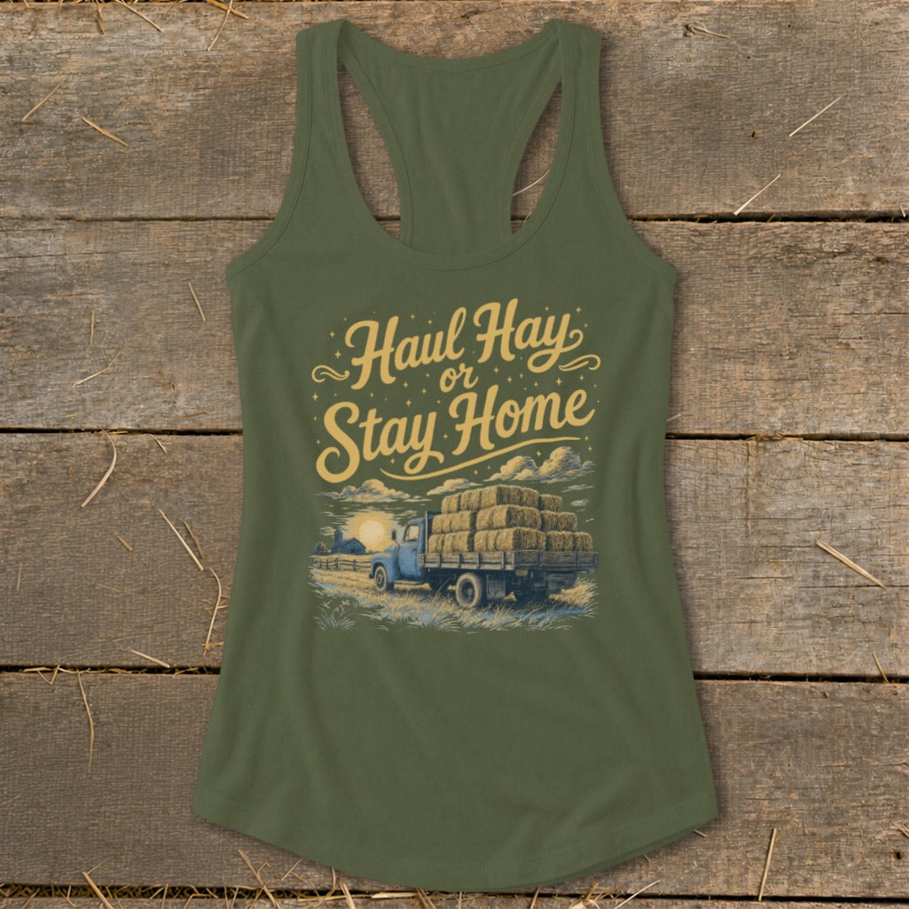 Tank top with "Haul Hay or Stay Home" text and a truck full of hay.