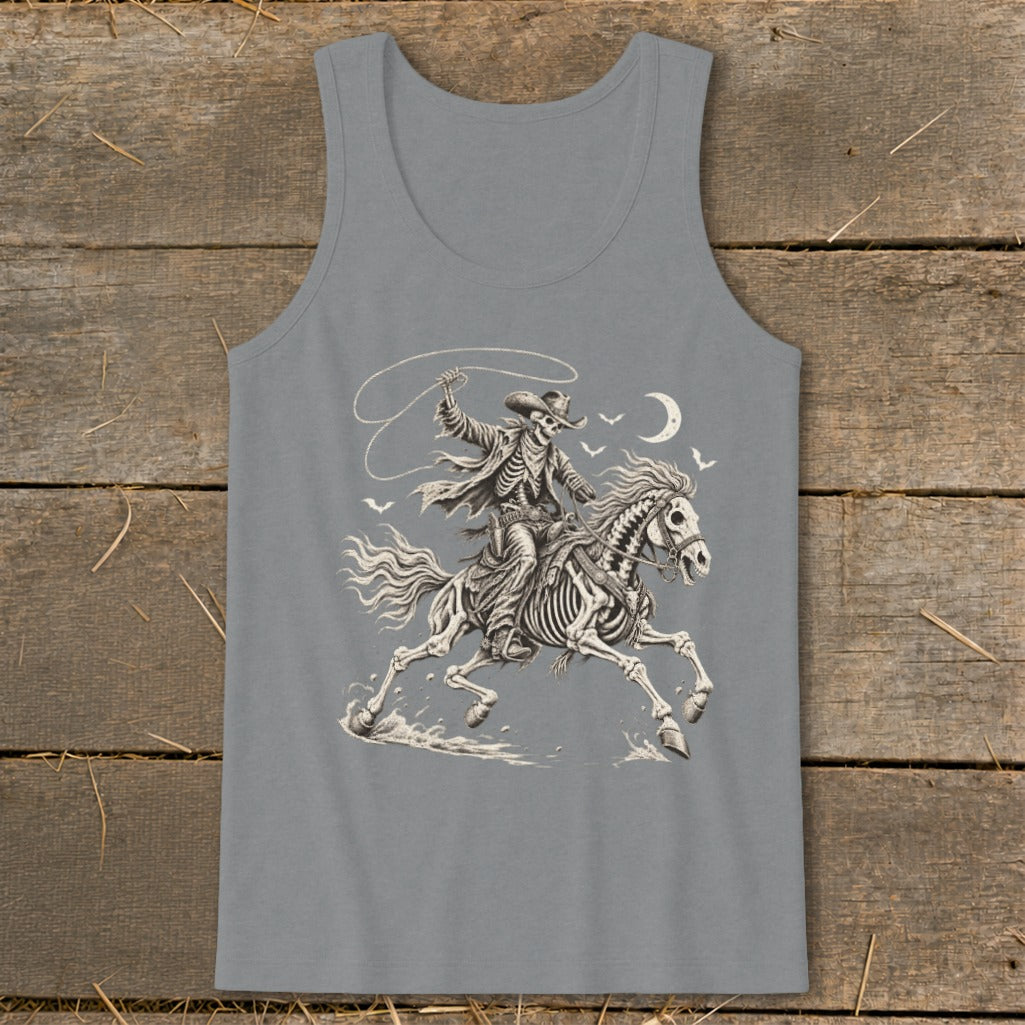 Skeleton cowboy riding a horse with a lasso under a crescent moon.