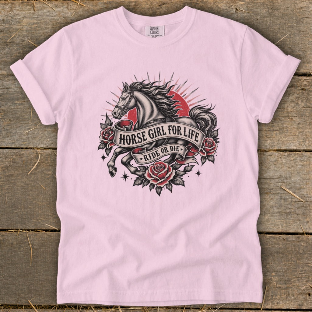 Pink t-shirt with "Horse Girl for Life Ride or Die" graphic featuring a horse and roses.