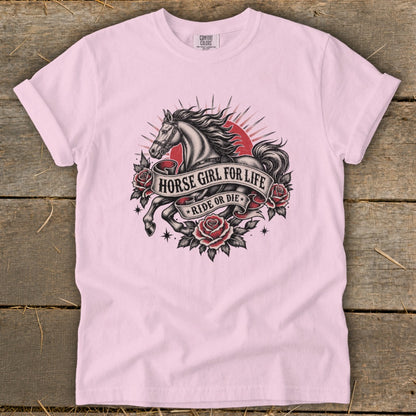 Pink t-shirt with "Horse Girl for Life Ride or Die" graphic featuring a horse and roses.