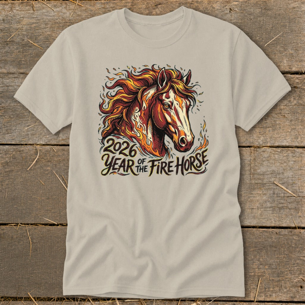 T-shirt with graphic of a fiery horse and text "2026 Year of the Fire Horse".