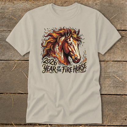 T-shirt with graphic of a fiery horse and text "2026 Year of the Fire Horse".