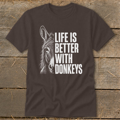 Brown t-shirt with a donkey portrait and "Life is Better With Donkeys" text.