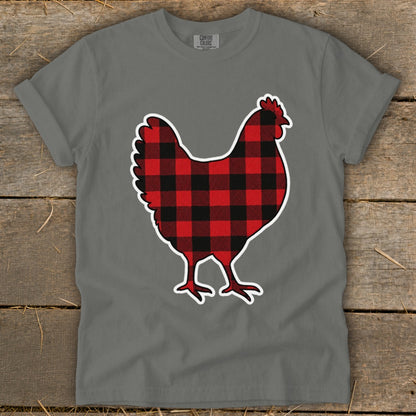 Gray t-shirt with buffalo plaid chicken graphic and Comfort Colors logo.