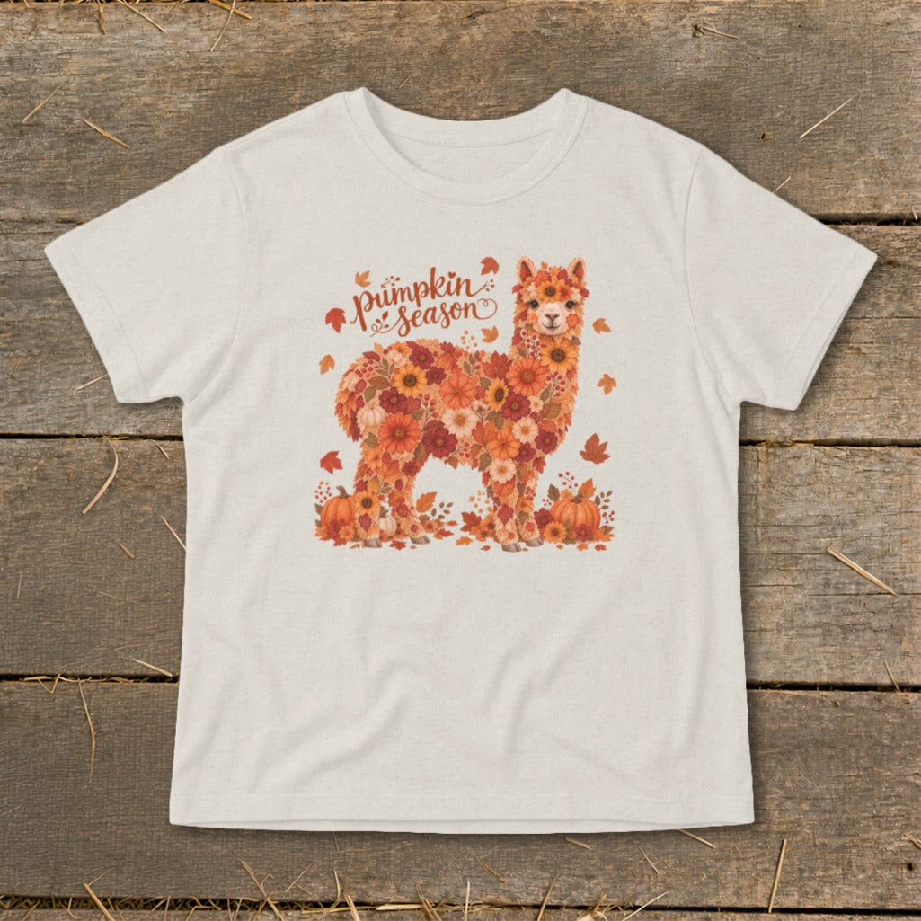 Alpaca made of flowers and leaves with "Pumpkin Season" text.